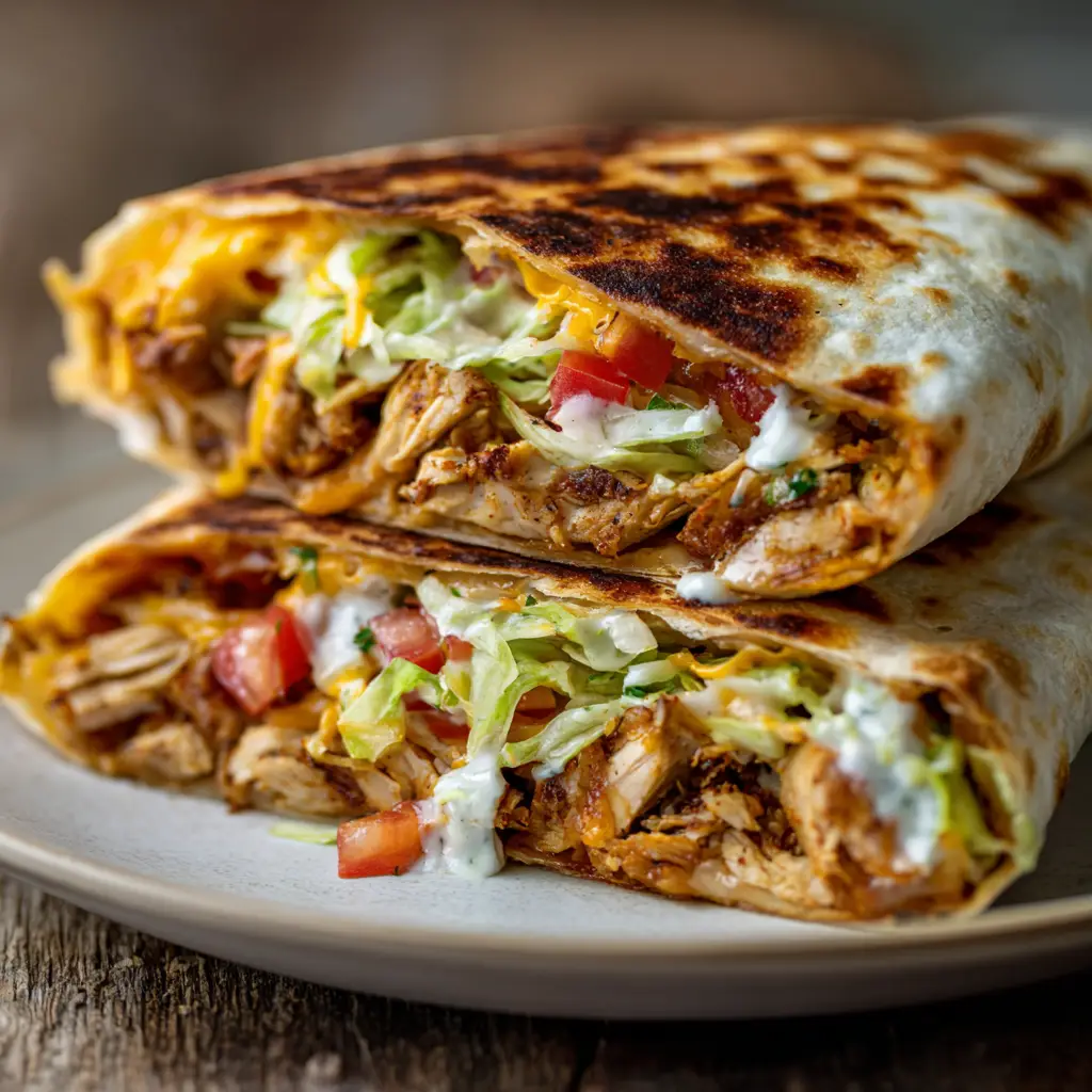 A close-up shot of a golden-brown grilled chicken crunch wrap on a plate, ready to be eaten.