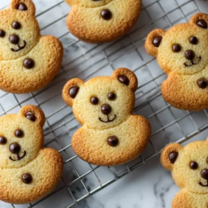 A close-up shot of homemade chocolate chip bear cookies cooling on a wire rack, showcasing their cute shape and texture.
