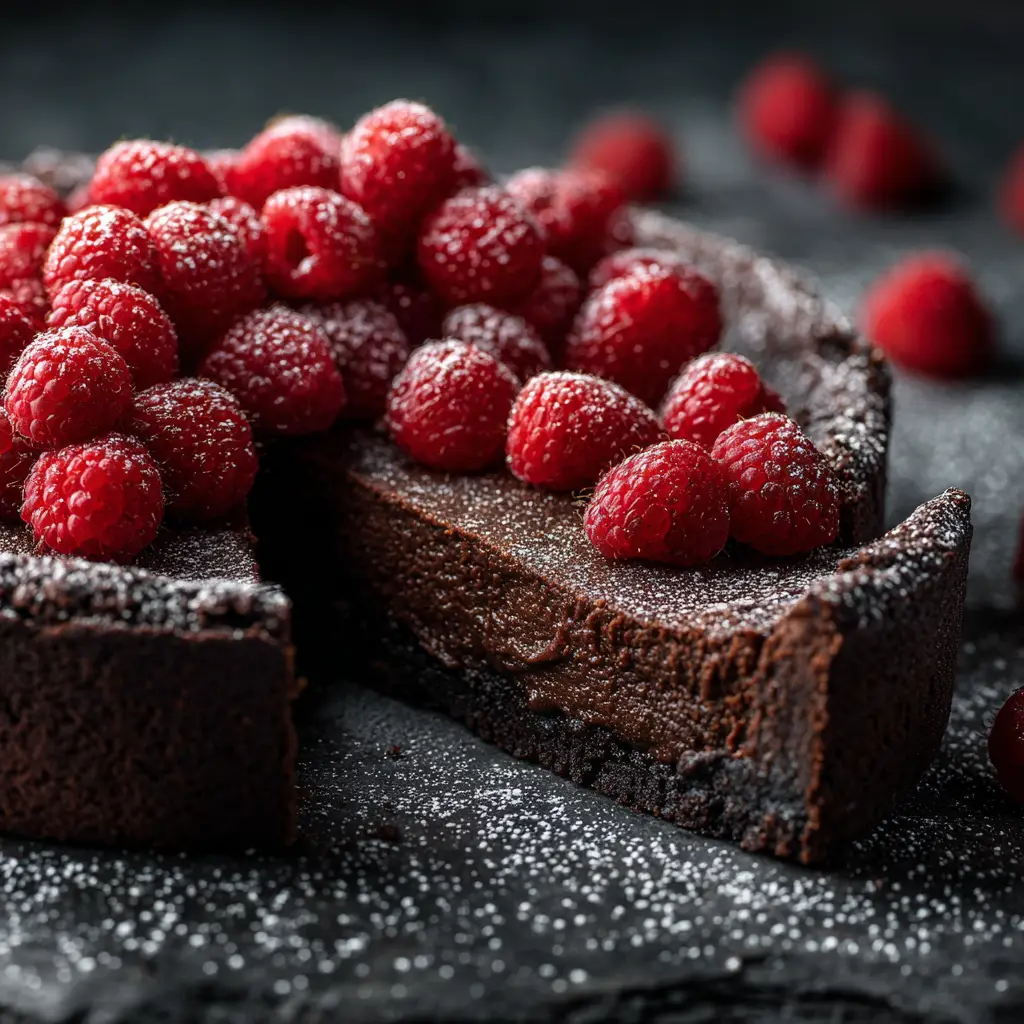 A whole chocolate custard cake in a baking dish, dusted with powdered sugar, ready to be served.
