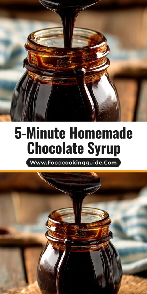 A bottle of homemade chocolate syrup being drizzled over a stack of pancakes, showcasing its rich texture. The text reads 'Easy Homemade Chocolate Syrup'.