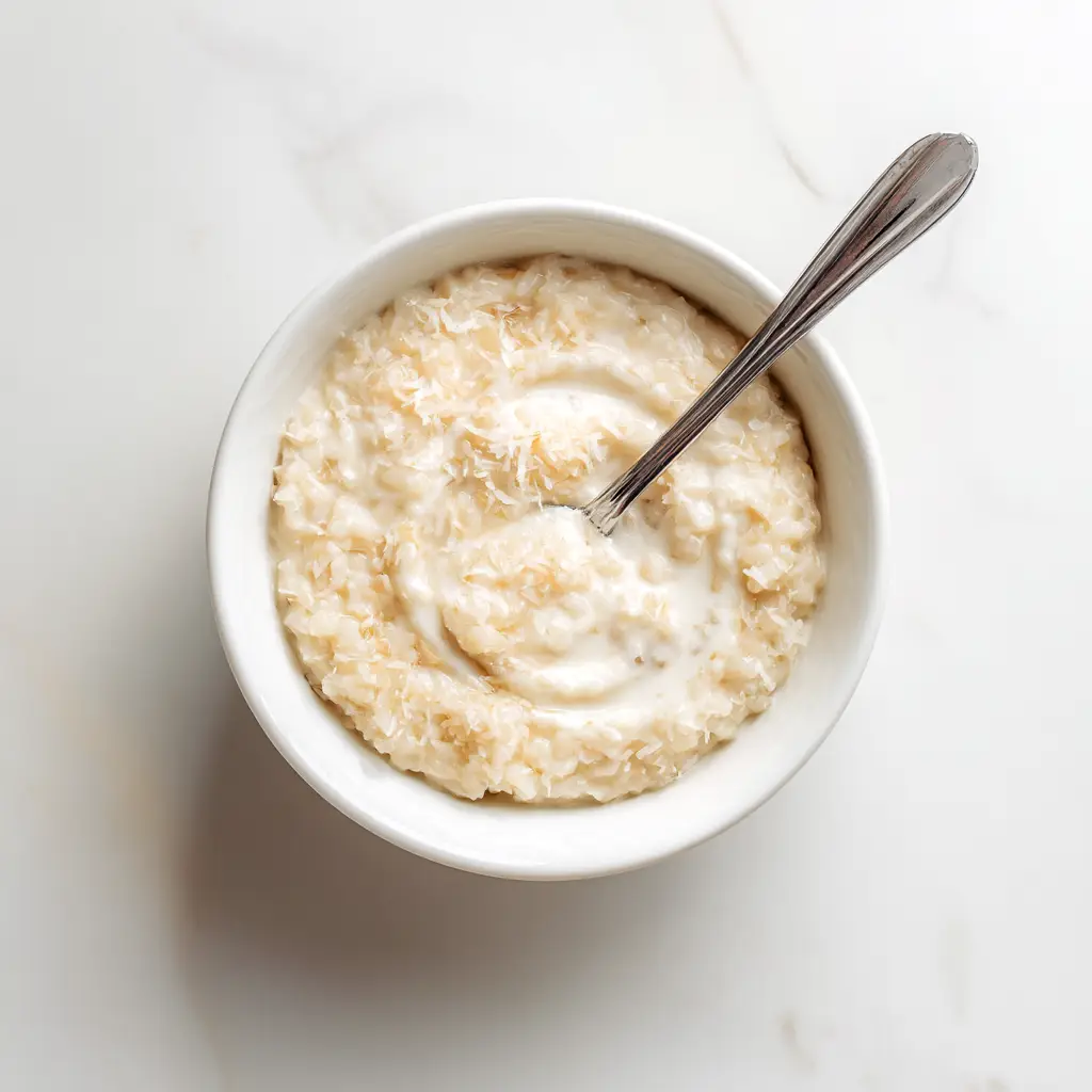 An overhead view of a simple white ceramic bowl holding a serving of creamy homemade coconut rice pudding.