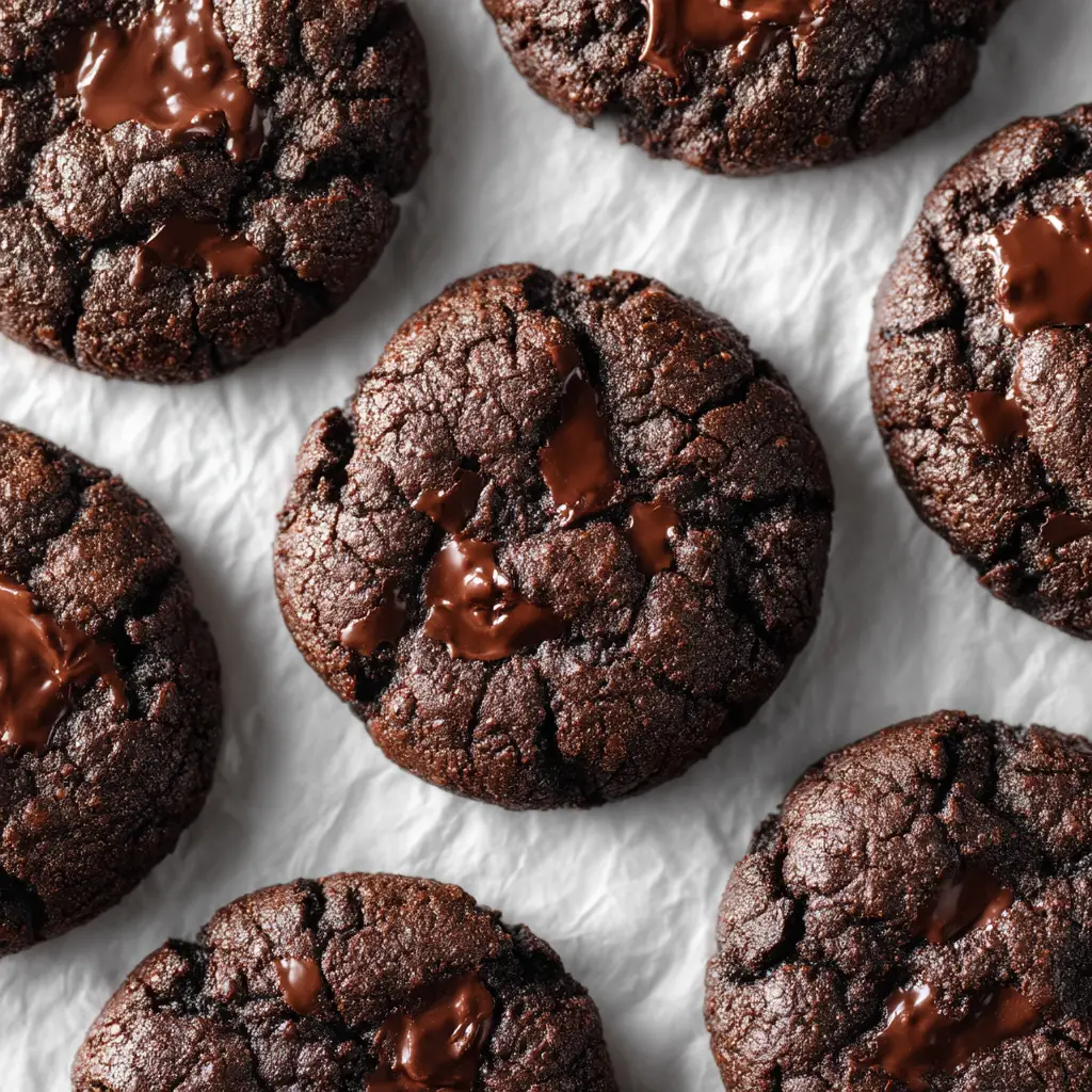 Overhead view of homemade gluten-free double chocolate cookies cooling on a wire rack. Some cookies are broken to show their fudgy interior.