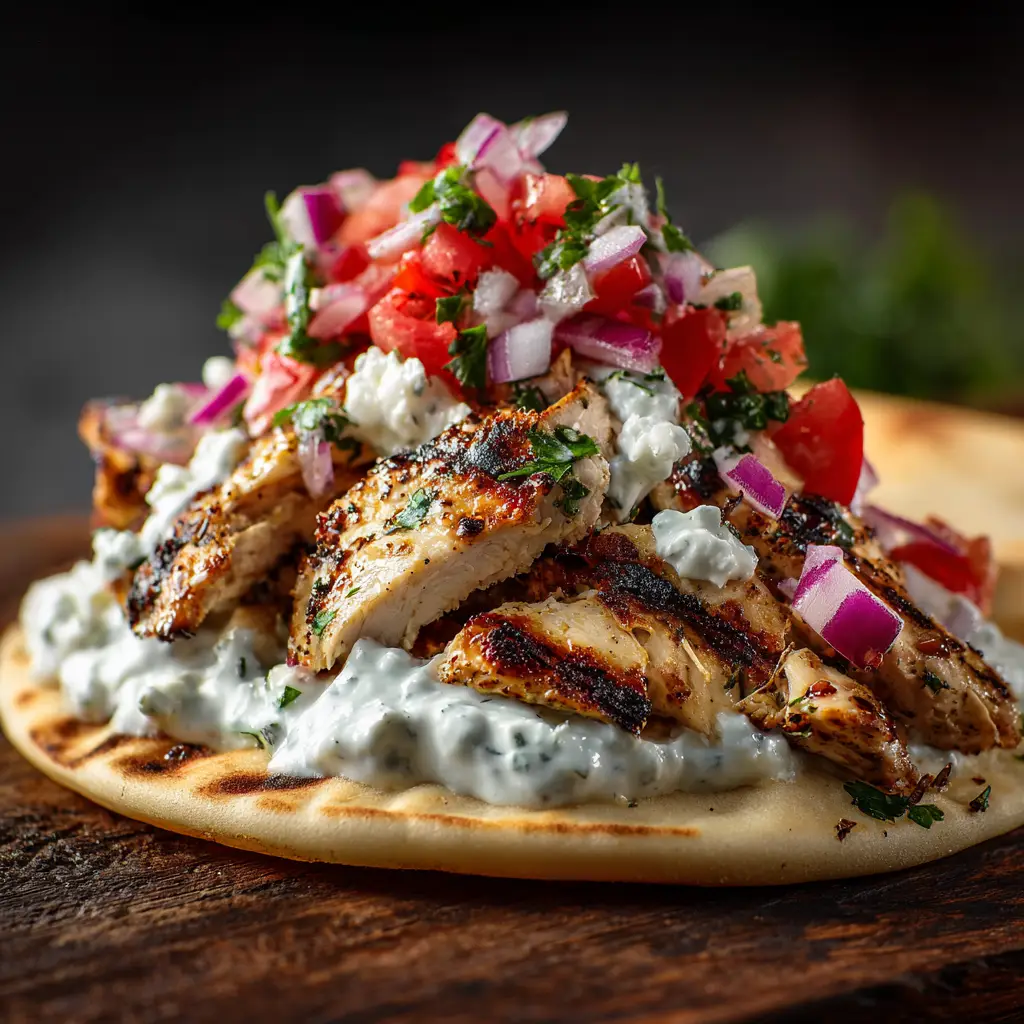 Home 8 Two delicious Greek chicken gyros displayed on a wooden board, showing the vibrant fillings of chicken, tomato, and red onion.
