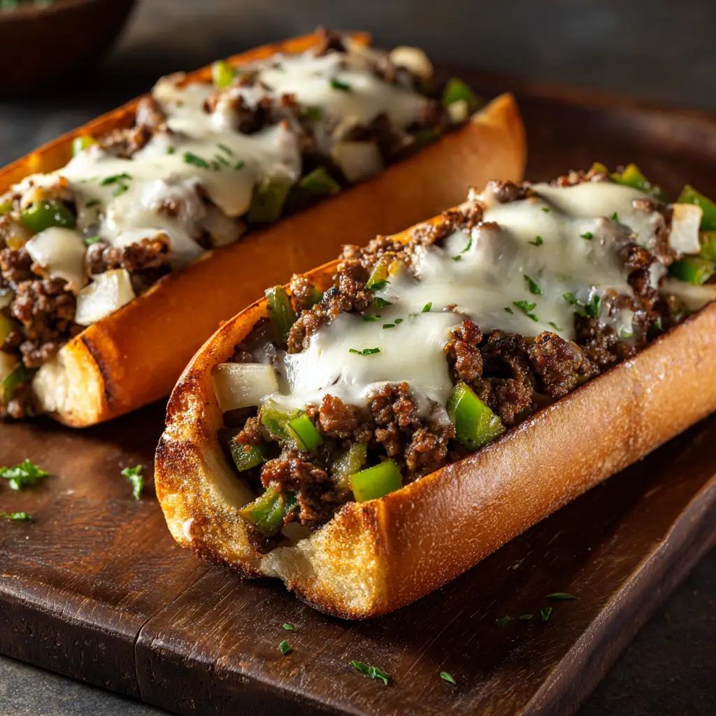 Ground Beef Philly Cheesesteaks (The Easiest, Juiciest Recipe!) 2 Two homemade ground beef cheesesteak sandwiches shown side-by-side, with melted provolone cheese dripping over the sides of the toasted buns.