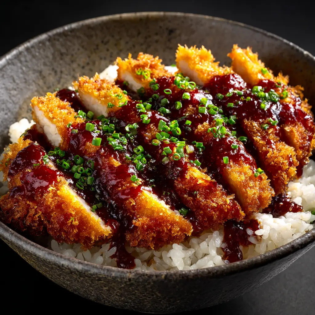 Assembling the Japanese Katsu Bowl with sliced pork cutlet being placed over shredded cabbage and steamed rice.