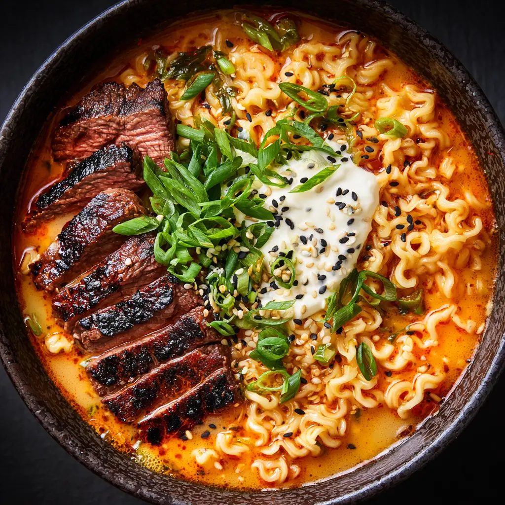 Home 8 An overhead view of a steaming bowl of homemade Korean ramen, showcasing the fiery gochujang broth and fresh toppings.