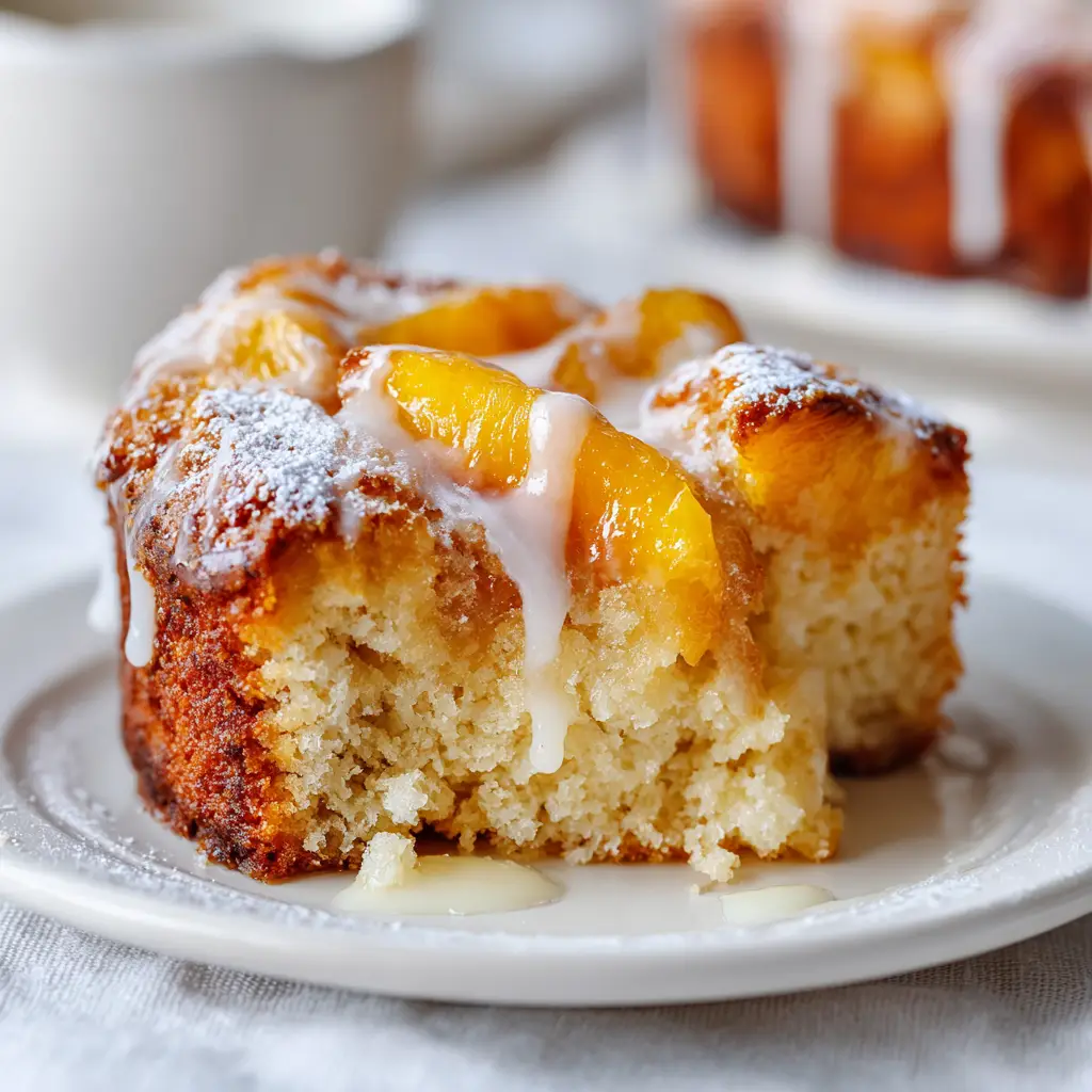 A freshly baked homemade peach cake cooling on a wire rack, with a golden-brown top and visible peach slices.