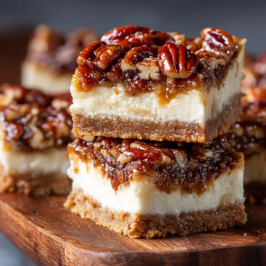 A stack of homemade pecan pie cheesecake bars on a rustic wooden board, showcasing the creamy cheesecake filling and crunchy pecan topping.