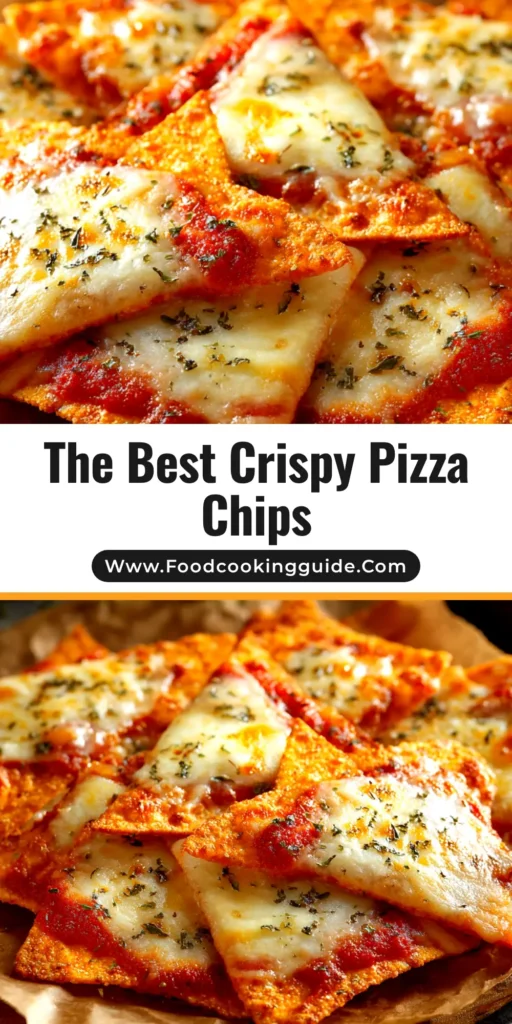 A vibrant overhead shot of crispy, golden-brown Pizza Chips topped with pepperoni and cheese, arranged on a serving platter with a side of marinara for dipping.