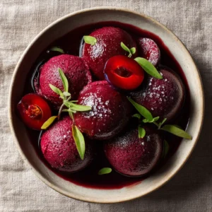 An overhead shot of multiple scoops of homemade plum sorbet in a row, showing its vibrant color and smooth texture.