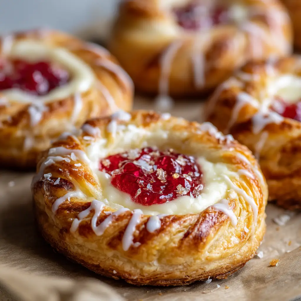 A close-up of a homemade raspberry cream cheese danish, showing the layers of flaky puff pastry and the rich cheesecake filling.