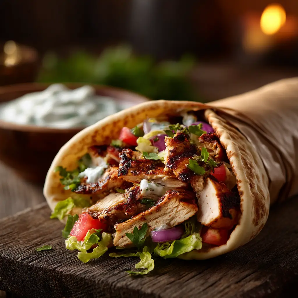 Another angle of a delicious chicken shawarma wrap, showcasing the layers of marinated chicken and fresh toppings inside a soft pita bread.