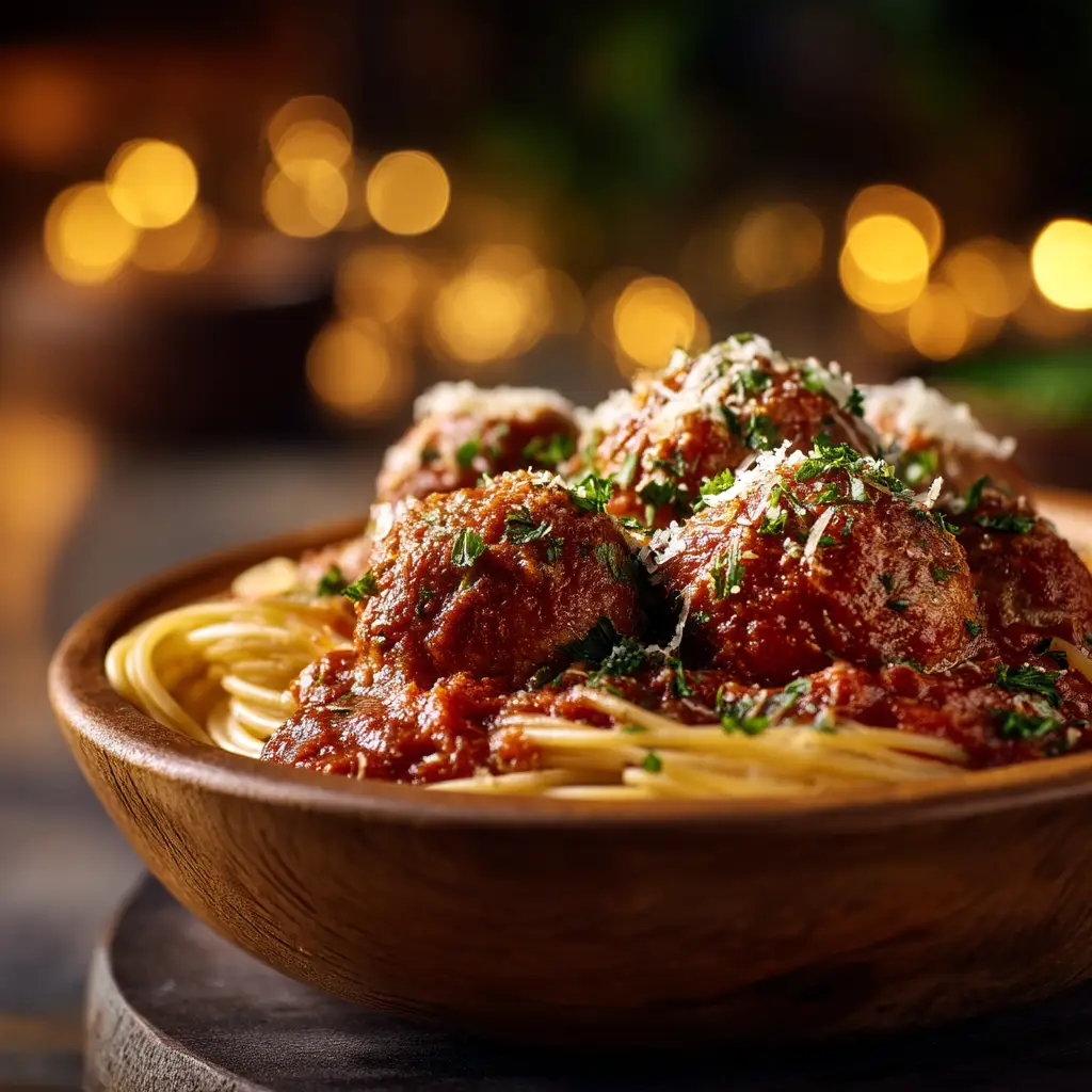 Italian Meatball Recipe (That's Unbelievably Juicy!) 2 A rustic bowl filled with spaghetti and homemade meatballs in a rich tomato sauce, garnished with fresh basil.