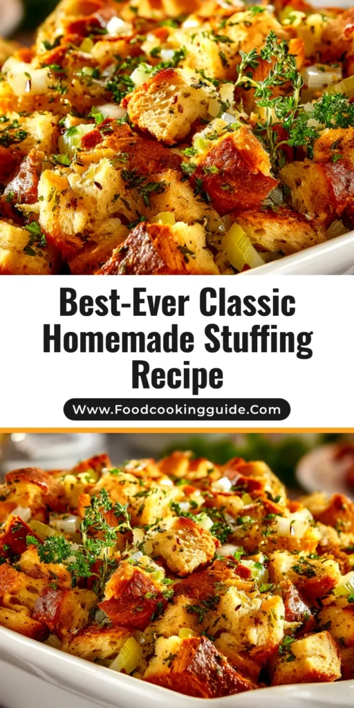 An easy Homemade Stuffing Recipe baked in a white dish until golden brown. This classic Thanksgiving stuffing is made from scratch and ready to be served.