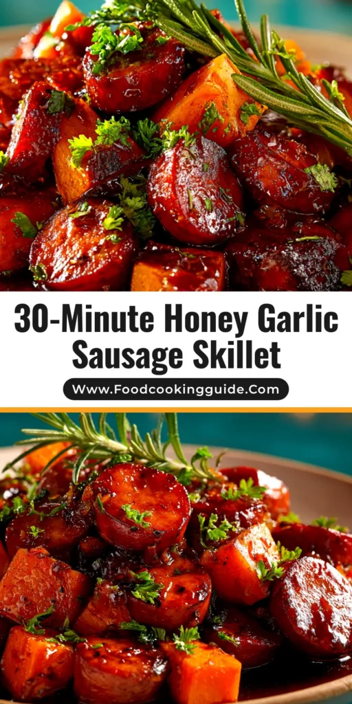 A top-down view of a skillet filled with honey garlic sausage and sweet potato, garnished with fresh herbs. The perfect one-pan weeknight dinner.