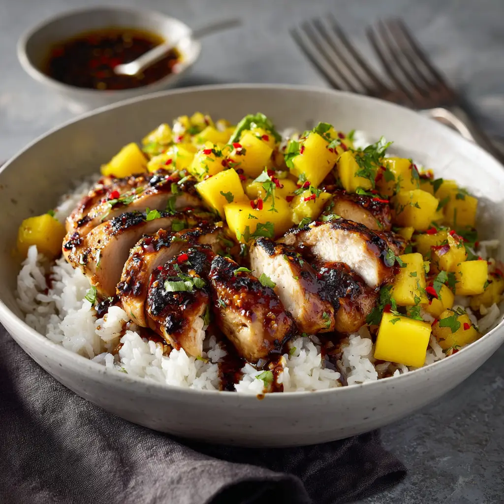 A plate of honey-soy chicken served with fresh mango salsa and rice. The chicken is perfectly glazed and looks tender.