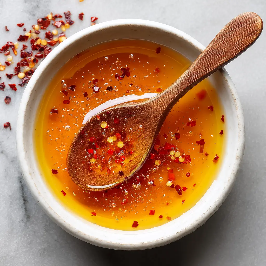 A small white bowl containing the core ingredients for chili-infused honey: honey and red pepper flakes, shown from a top-down angle.