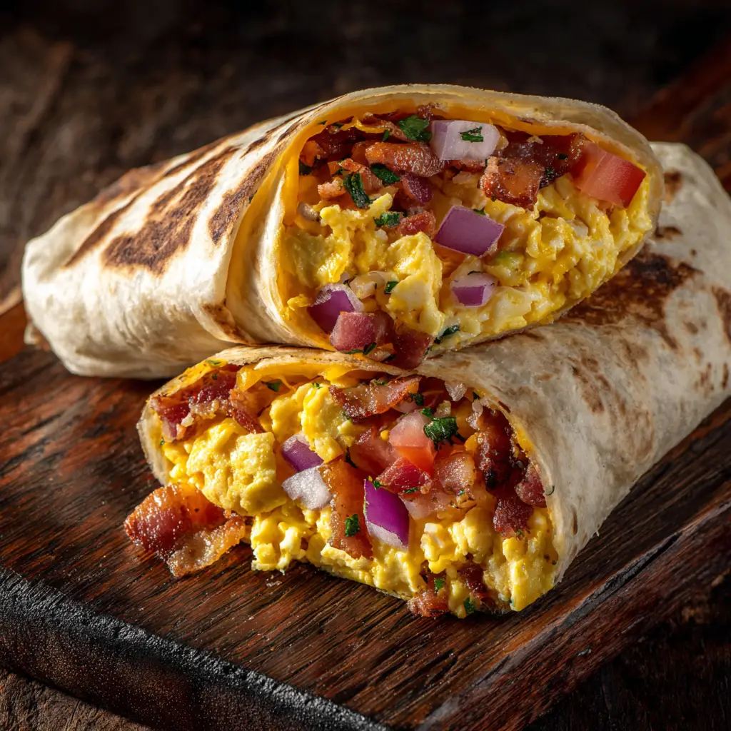 Assembling easy breakfast burritos with all the fillings laid out on a large flour tortilla before folding.