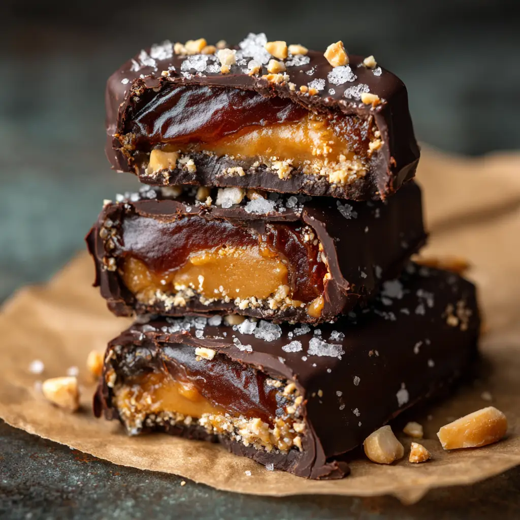Date Snickers (The Viral Healthy Treat Everyone's Making) 1 A close-up of a chocolate-covered date snickers being drizzled with extra melted chocolate before setting.