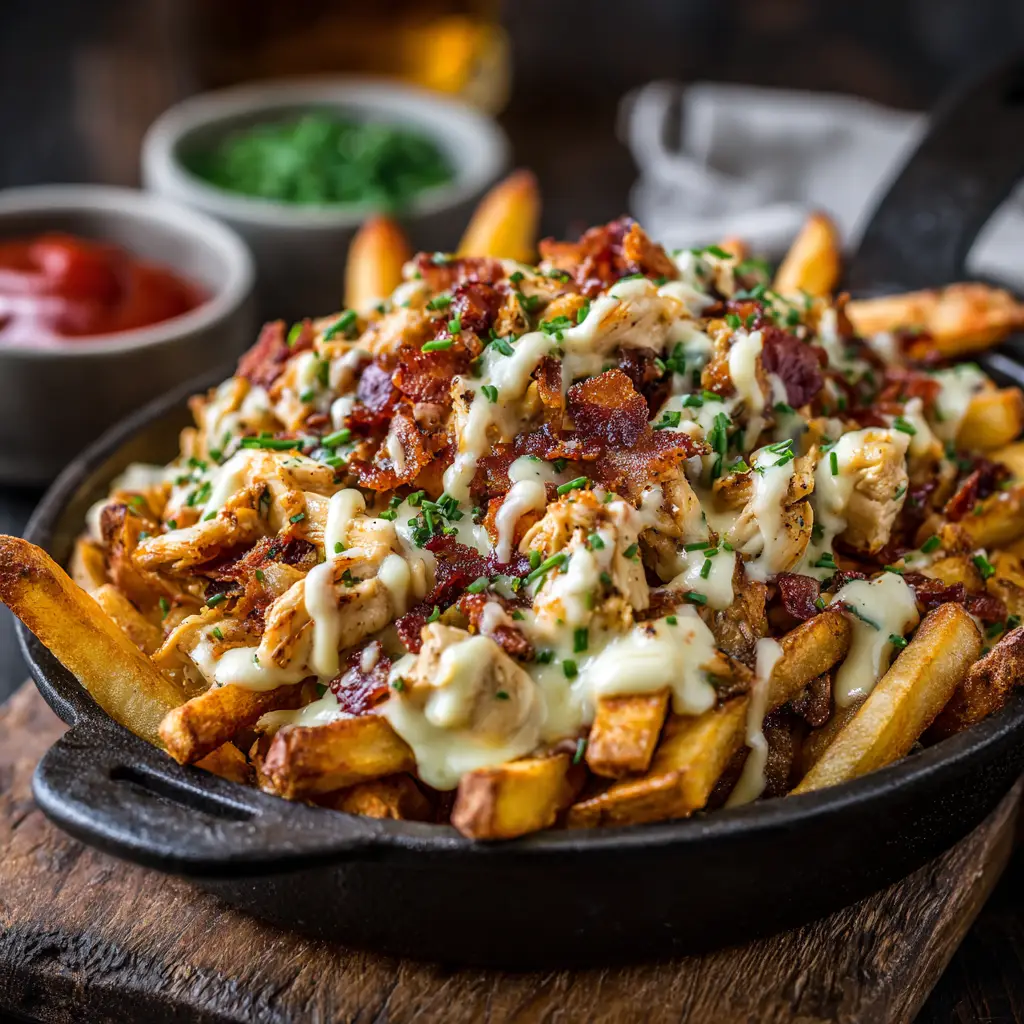 The process of assembling Chicken Bacon Ranch Fries, with chicken and bacon being layered over crispy french fries before the cheese.