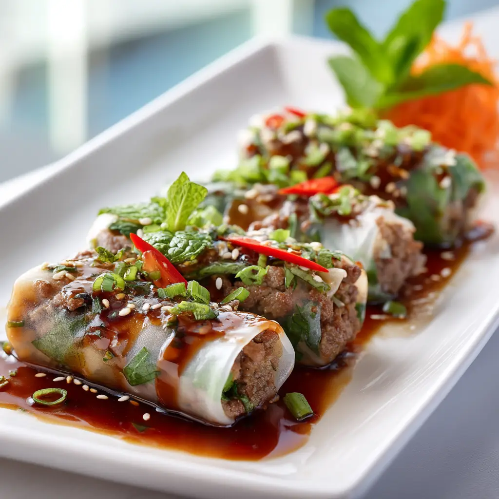 Thai Basil Beef Rolls (Fresh & Easy Recipe) 1 A step-by-step image showing how to roll Thai basil beef rolls tightly using a rice paper wrapper and fresh ingredients.