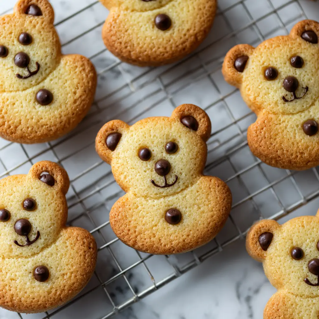 A step-by-step process shot showing how to shape the chocolate chip bear cookies using balls of dough for the head, snout, and ears.