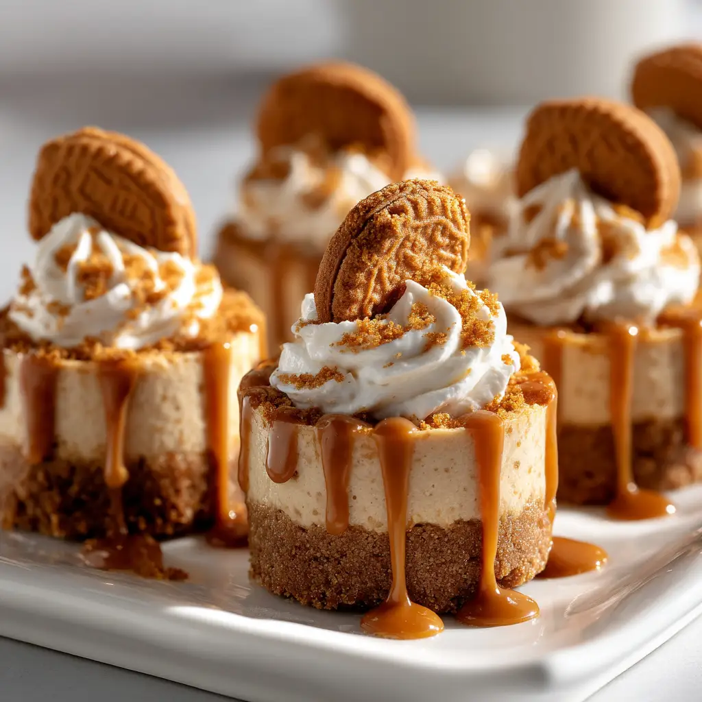No Bake Mini Biscoff Cheesecakes: The Ultimate Easy Dessert 2 A close-up view of a single individual Biscoff cheesecake, showcasing its creamy texture and crumbly crust.