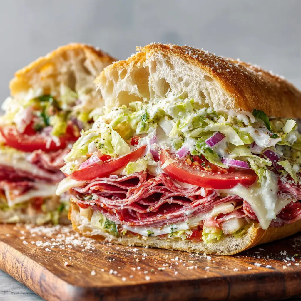 An extreme close-up shot of the Italian Grinder Sandwich, highlighting the texture of the toasted bread, melted cheese, and fresh grinder salad.