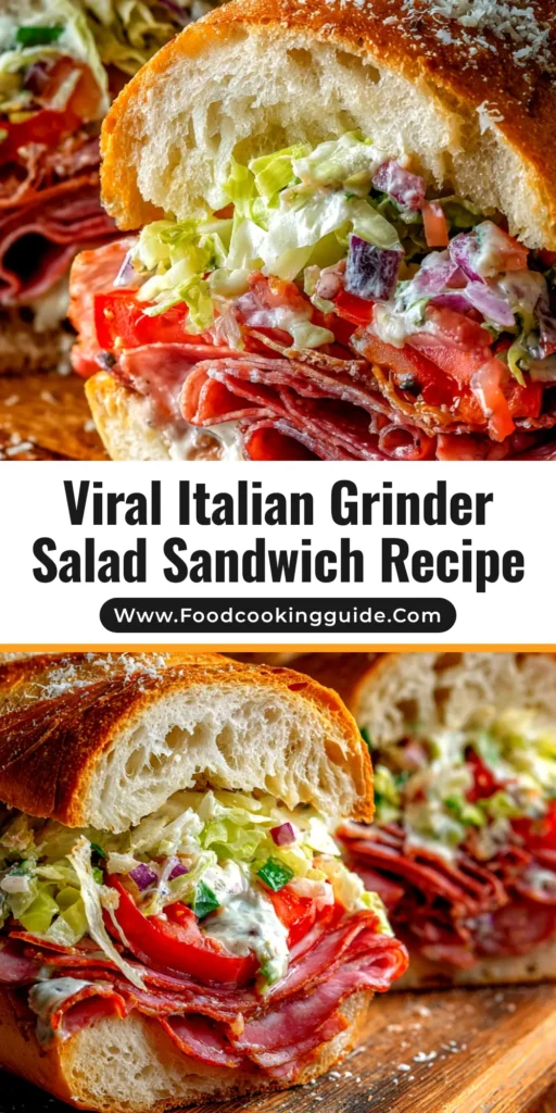 A delicious, fully assembled Italian Grinder Sandwich cut in half to show layers of deli meats, melted provolone cheese, and a creamy grinder salad, ready to be eaten.