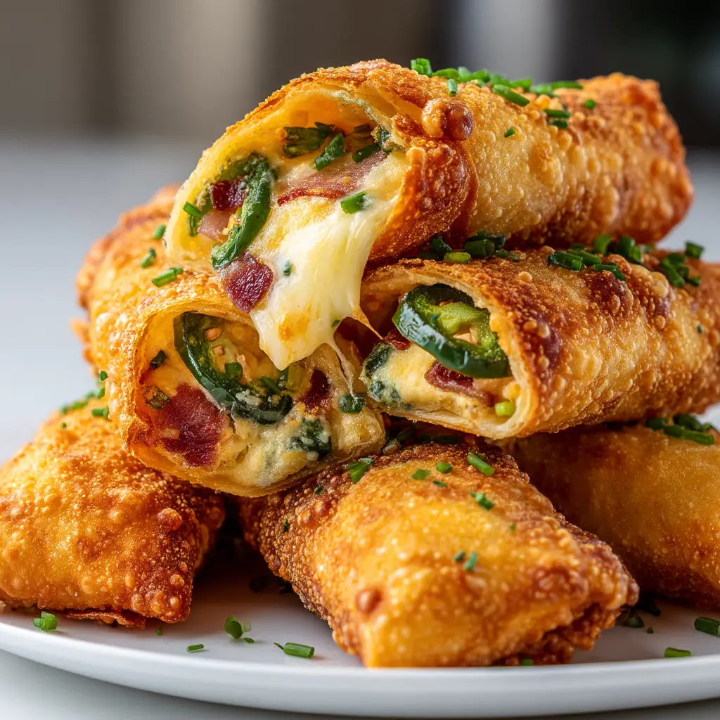 A stack of freshly made jalapeno popper egg rolls ready to be served as a delicious party appetizer.