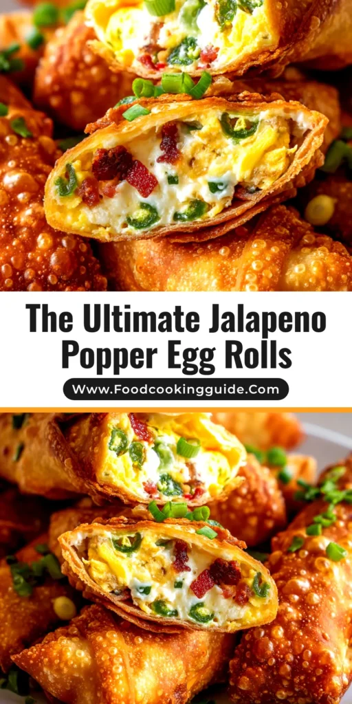 A plate of crispy, golden brown Jalapeno Popper Egg Rolls, with one cut in half to show the creamy, cheesy bacon filling.