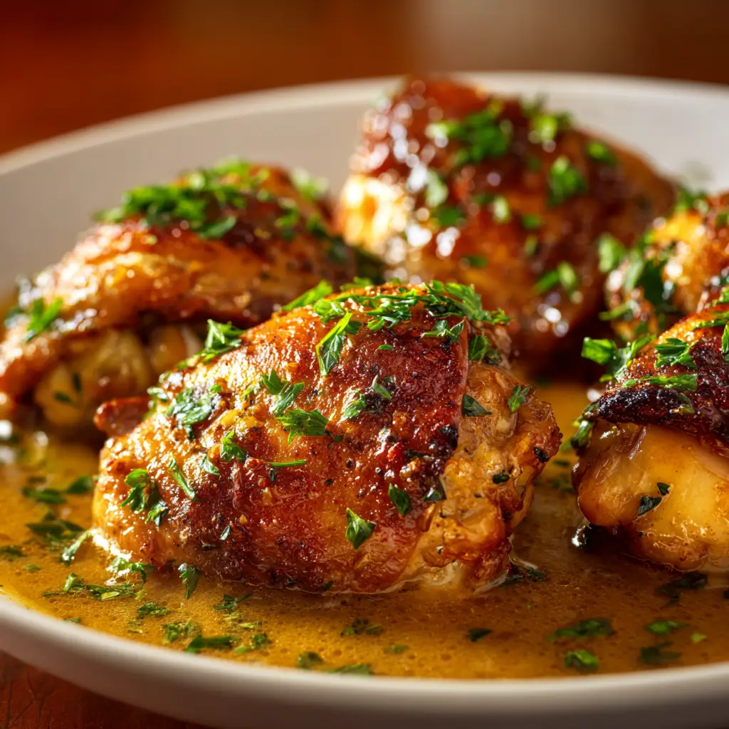Golden-brown slow cooker chicken thighs arranged on a platter, ready to be served for dinner.