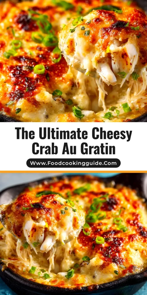 An overhead shot of a golden-brown baked Jumbo Lump Crab Au Gratin in a white casserole dish, ready to be served.