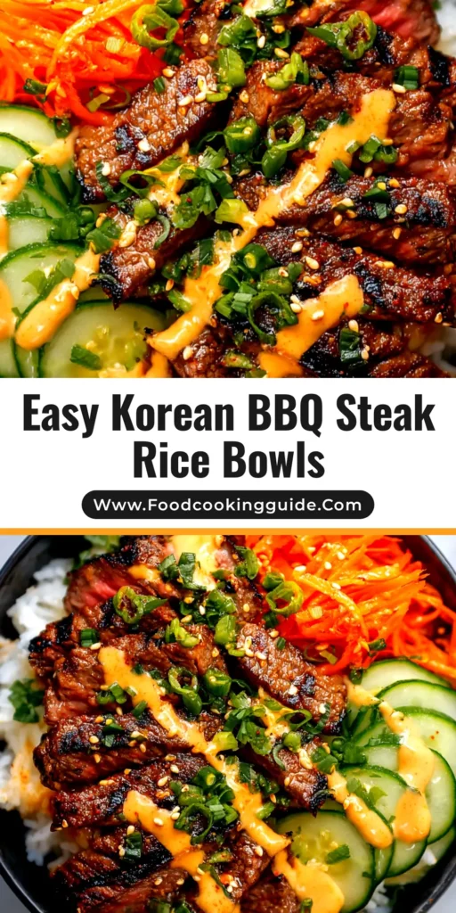 An overhead shot of vibrant Korean BBQ Steak Rice Bowls, featuring perfectly seared steak, fresh toppings like carrots and cucumbers, and a sprinkle of sesame seeds on a bed of white rice.