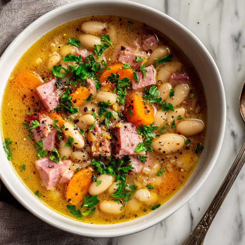 A delicious serving of leftover ham bone soup with navy beans and vegetables in a white bowl, ready to eat.