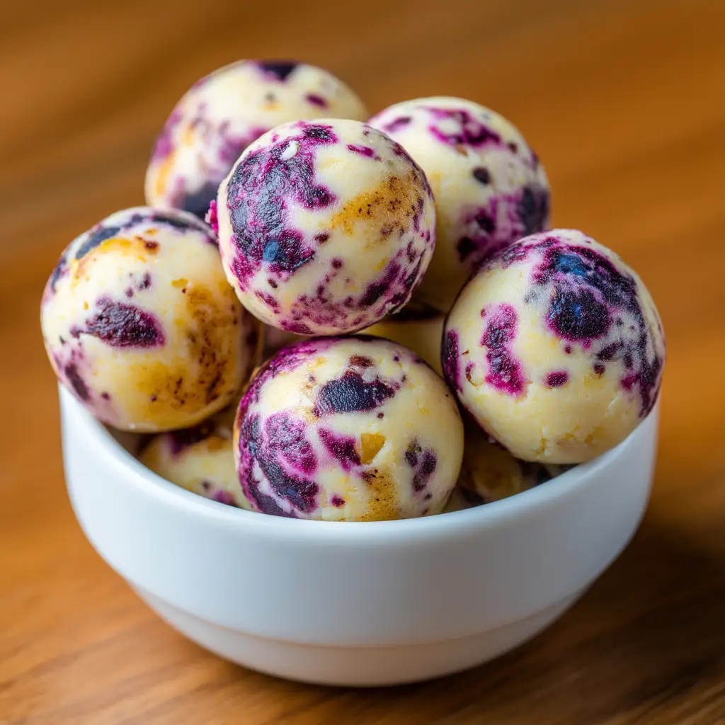 A bright, clean shot of the ingredients needed for high-protein cottage cheese bites, including cottage cheese, oats, lemons, and blueberries.