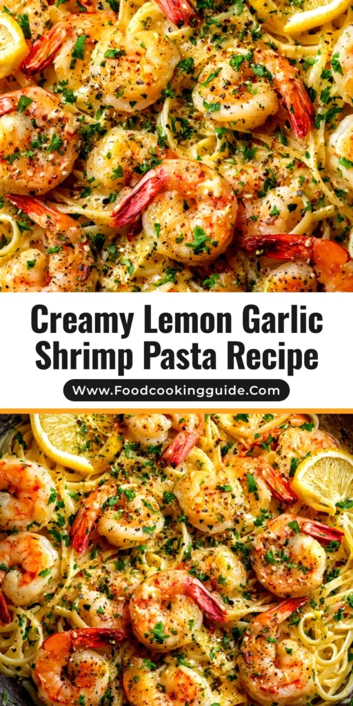 A stunning overhead shot of Lemon Butter Garlic Shrimp Pasta in a white bowl, garnished with fresh parsley and lemon slices. The perfect quick dinner idea for Pinterest.