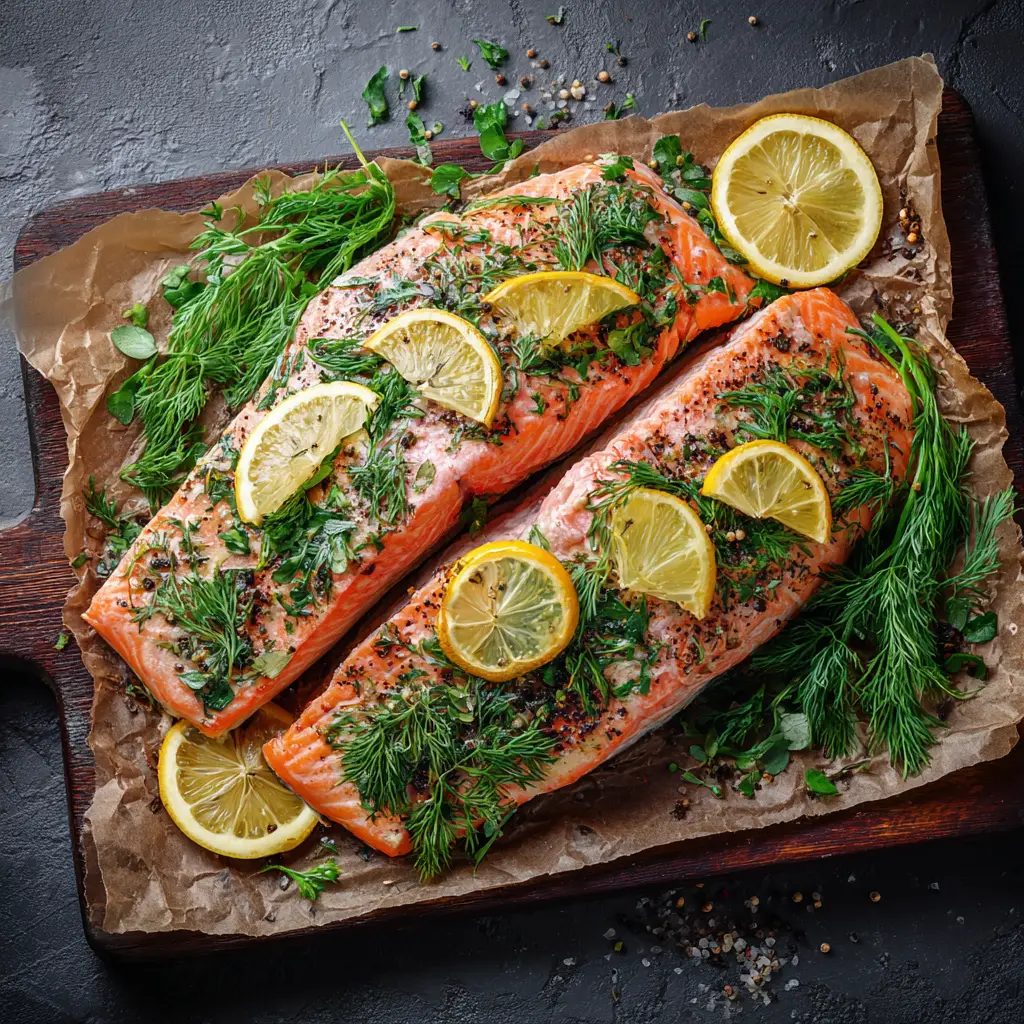 An overhead shot of two Lemon Dill Baked Salmon fillets on a baking sheet before going into the oven, topped with lemon slices and fresh dill sauce.