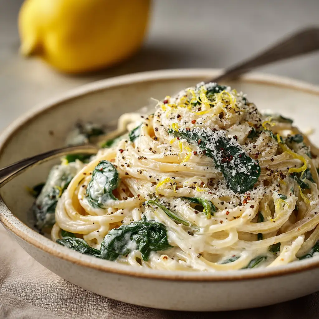 A bright, overhead shot of a finished bowl of Lemon Ricotta Spaghetti, surrounded by fresh ingredients like lemons, a block of Parmesan, and basil.