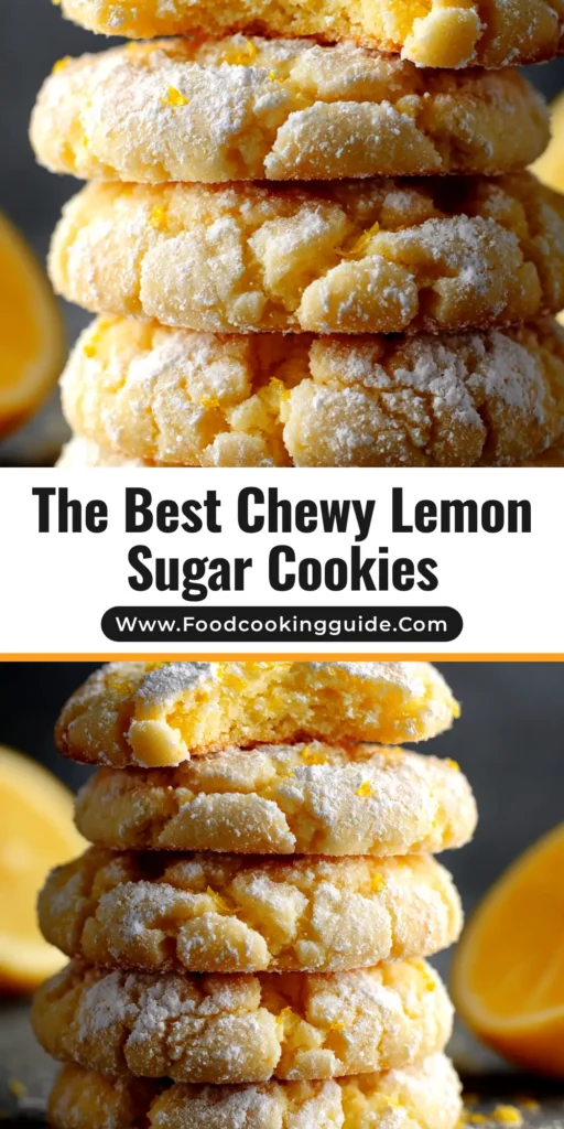 A stack of soft and chewy lemon sugar cookies drizzled with a sweet lemon glaze, with a fresh lemon sliced nearby.