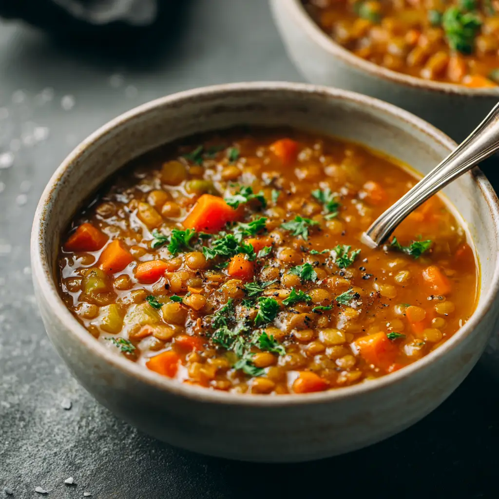 Another angle of the best lentil soup recipe, served in a ceramic bowl with a piece of crusty bread on the side for dipping.