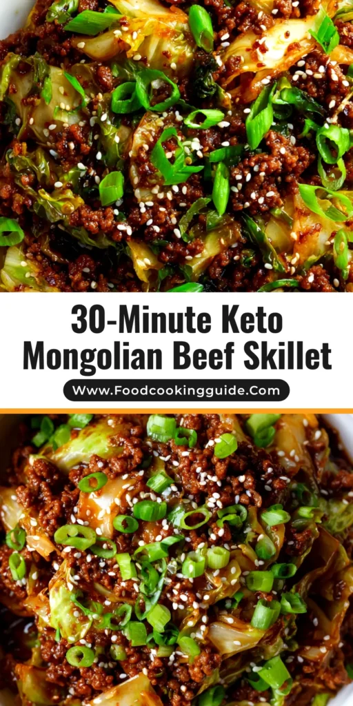 A sharable pin image of Low-Carb Mongolian Beef served in a white bowl, garnished with green onions and sesame seeds, ready to be eaten.