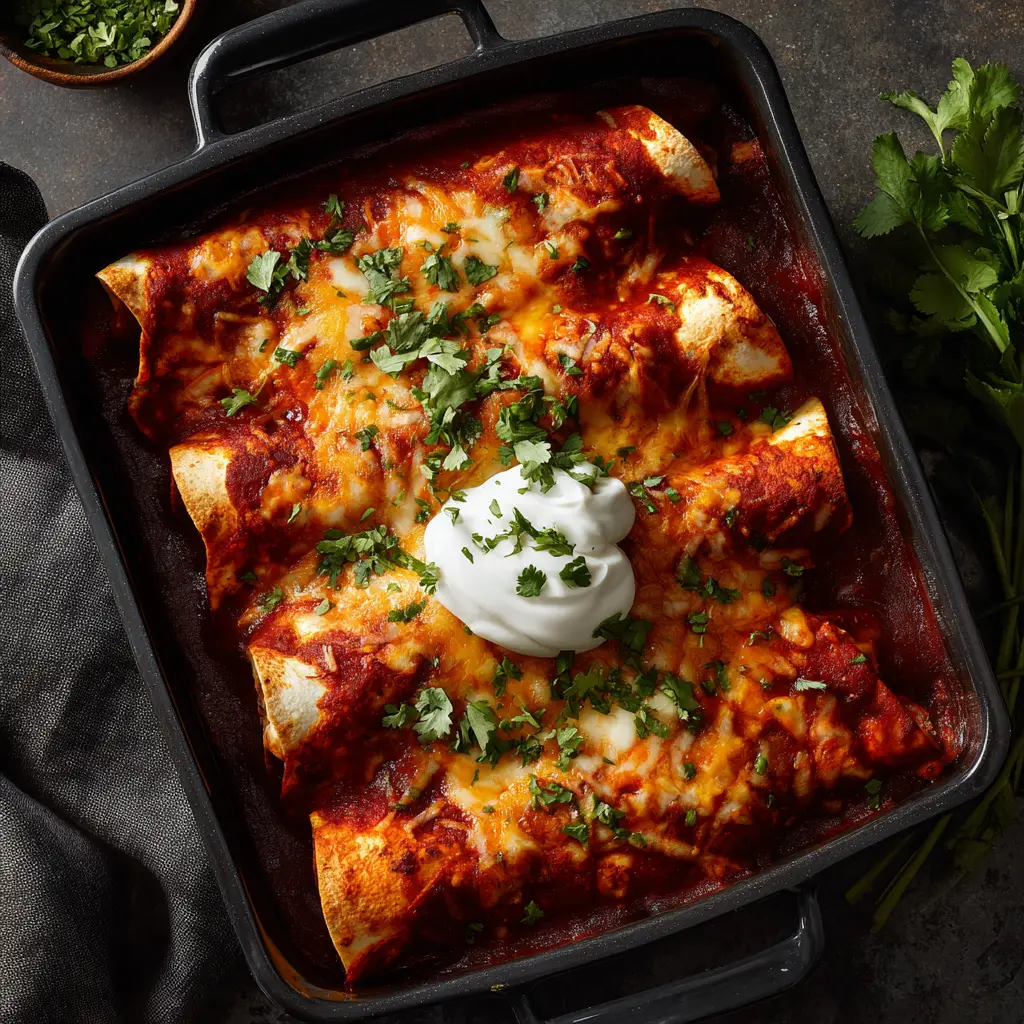 A single serving of macro-friendly chicken enchiladas on a plate, garnished with fresh cilantro.