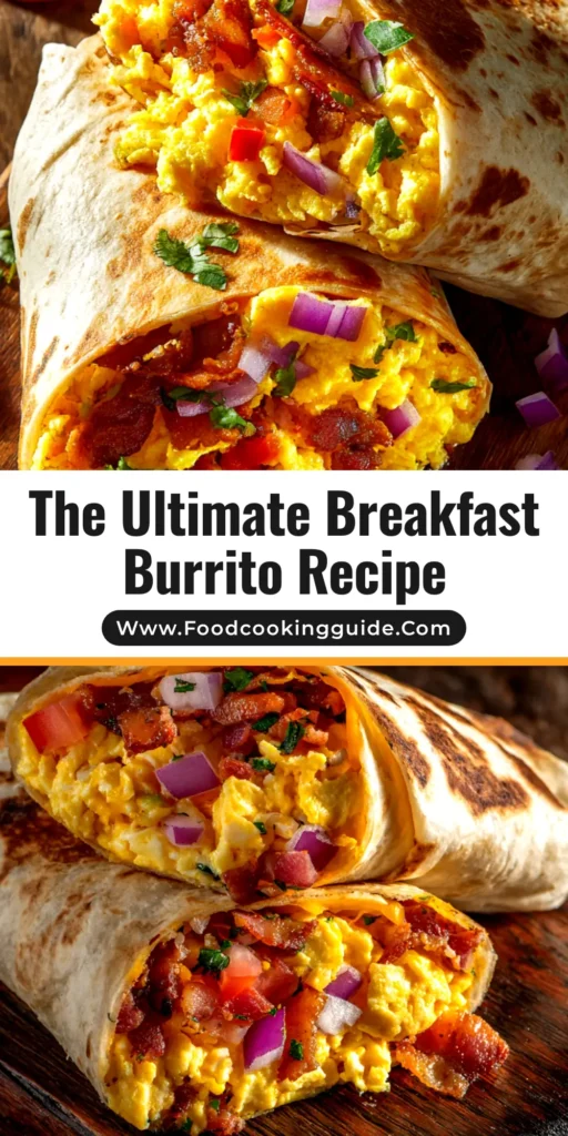 A delicious, golden-brown make-ahead breakfast burrito cut in half to show the inside filled with egg, sausage, and cheese, with another whole burrito next to it.