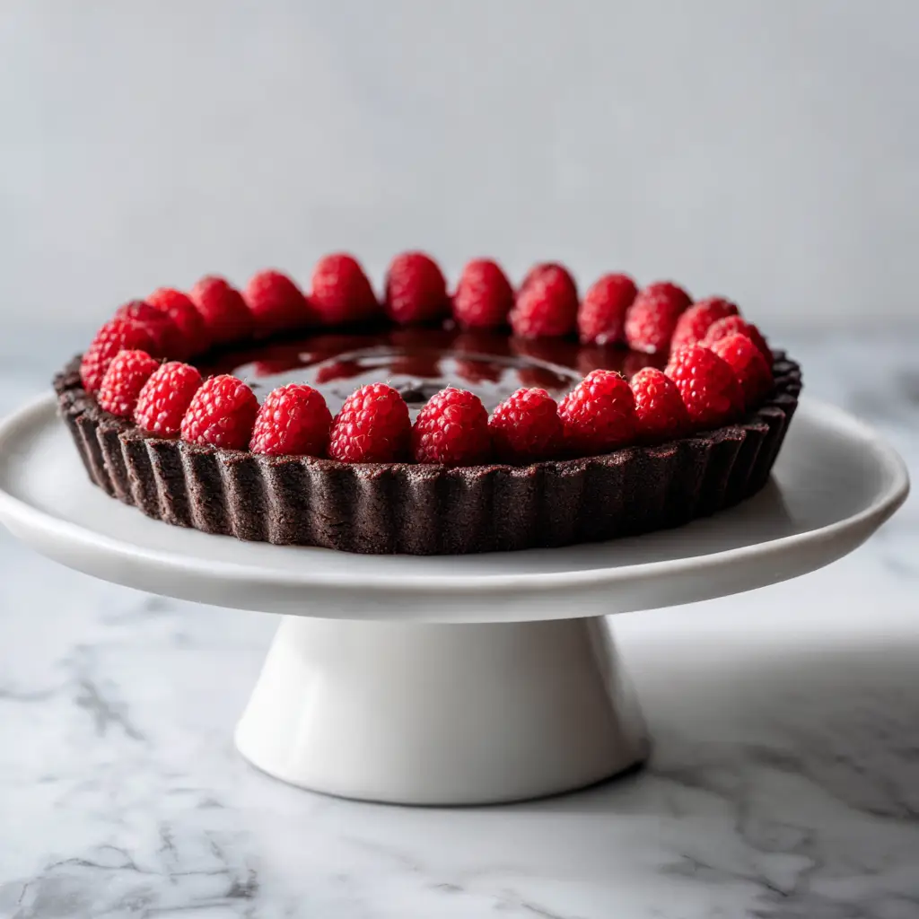 Chocolate Raspberry Tart: A Decadent & Easy Recipe 1 The process of pouring smooth, melted chocolate ganache over the raspberry filling in the prepared chocolate tart shell before it sets.