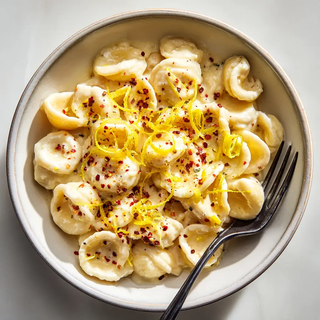 A skillet showing the process of combining cooked pasta with the roasted garlic cream sauce.