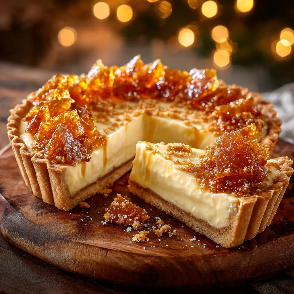 The process of pouring the smooth eggnog custard into the blind-baked shortbread crust before it goes into the oven to bake.