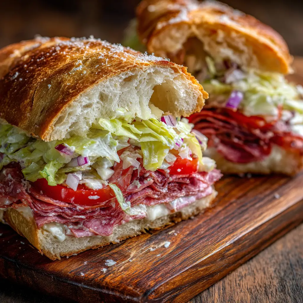A shot of the grinder sandwich assembly process, showing the creamy grinder salad being piled onto the toasted meats and cheese.