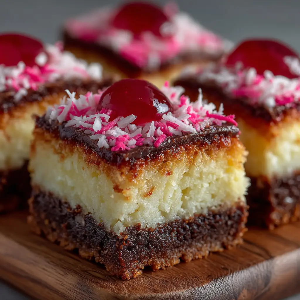 A process shot showing the pan of Pink Coconut Snowball Cake Bars being sprinkled with vibrant pink shredded coconut over the white marshmallow frosting.