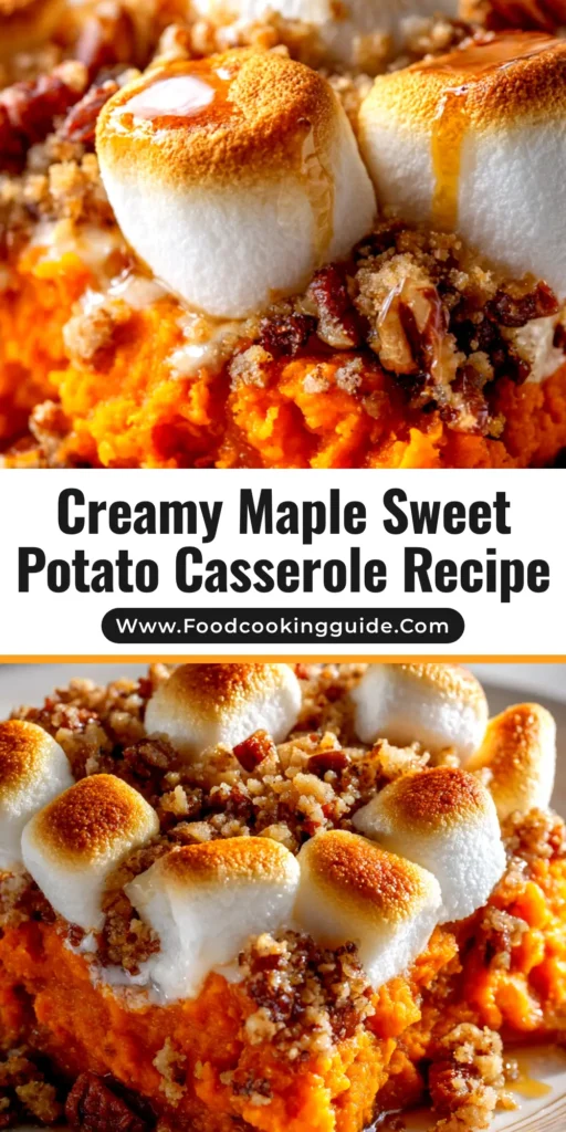 Maple Sweet Potato Casserole (The Ultimate Holiday Recipe) 3 A beautiful overhead shot of a finished Maple Sweet Potato Casserole in a white baking dish, ready to be served for a holiday dinner.